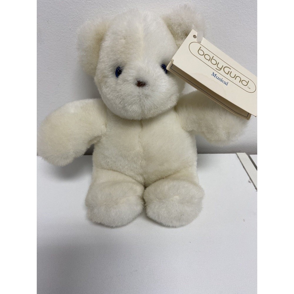 Vintage 1990 Baby Gund White Plush 7" Bear Wind Up Musical Stuffed Toy Works